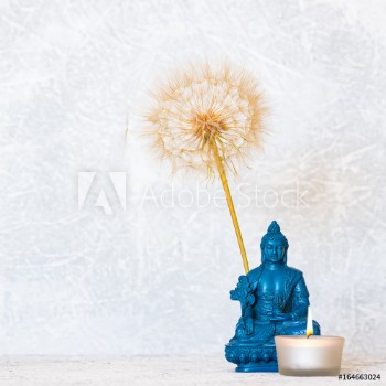 Picture of Buddha burning candle and dandelion flower as zen background